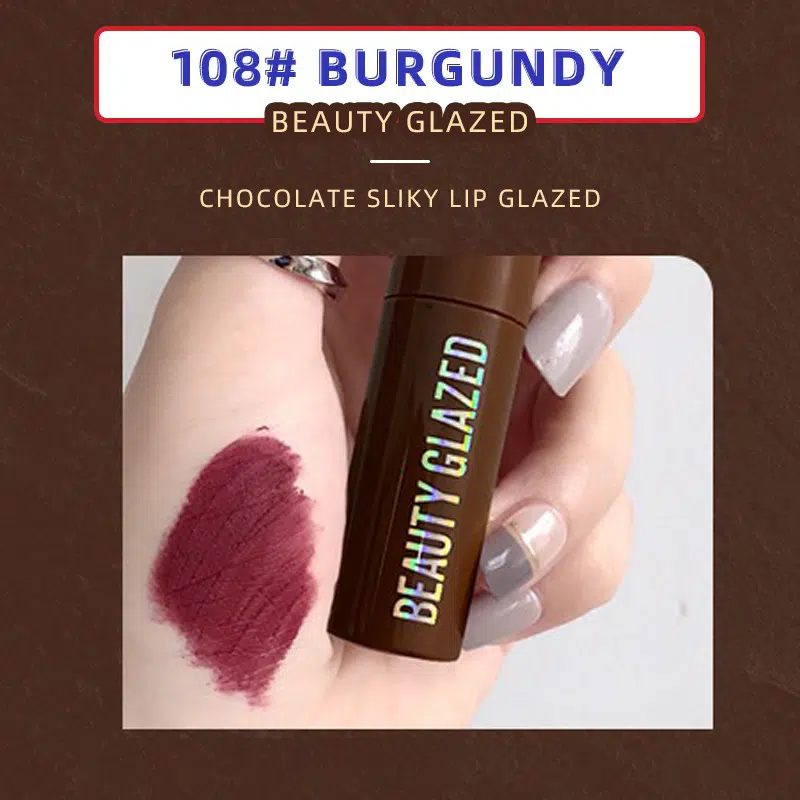 Beauty Glazed Chocolate Lipstick 108# Burgundy tube, rich creamy bullet exposed upright.