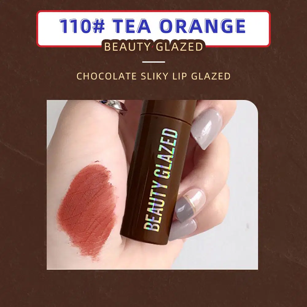 Elegant Beauty Glazed Chocolate Lipstick, Tea Oeange shade, presented in its unique dark brown case.