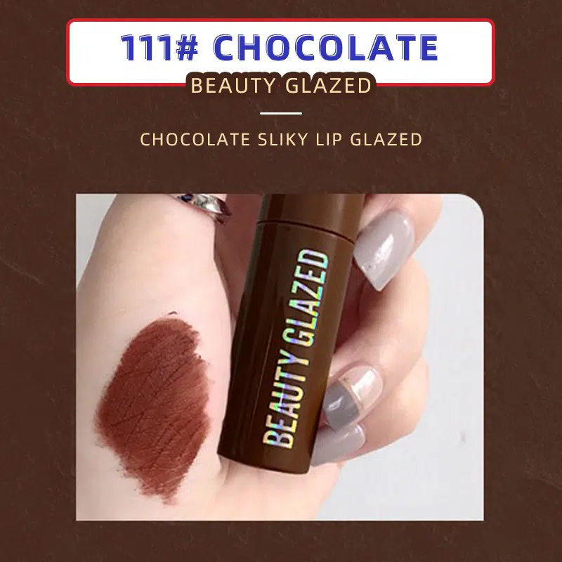 Beauty Glazed chocolate lipstick #111 packaging, closed, standing upright with elegant gold branding.