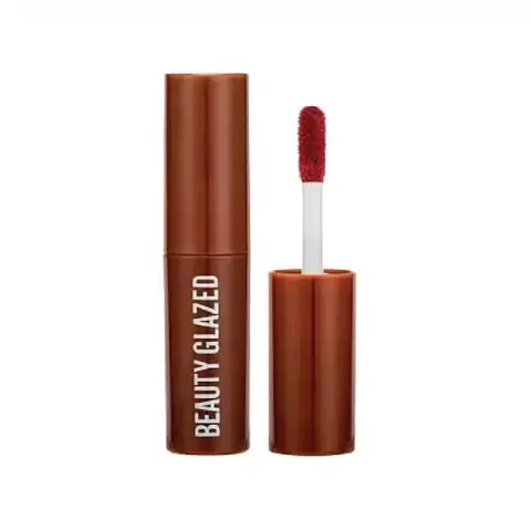 Beauty Glazed Chocolate Matte Liquid Lipstick in clear tube with metallic gold cap, standing upright.