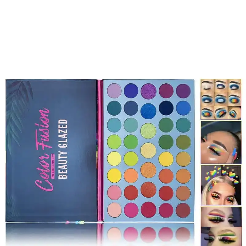 Open Beauty Glazed Color Fusion eyeshadow palette revealing vibrant shimmer and matte shades, with a brush. - thumbnail