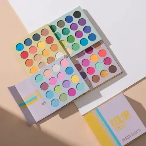 Beauty Glazed Color Twist 64-color eyeshadow palette, closed, showcasing its vibrant metallic swirled pink cover.