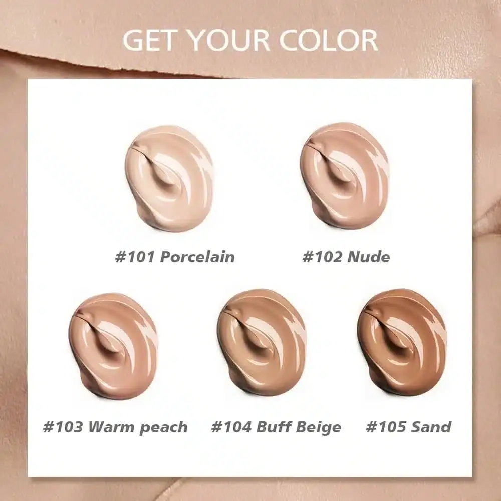 Beauty Glazed Sand 105 foundation bottle angled, with a swatch on a fingertip. - thumbnail