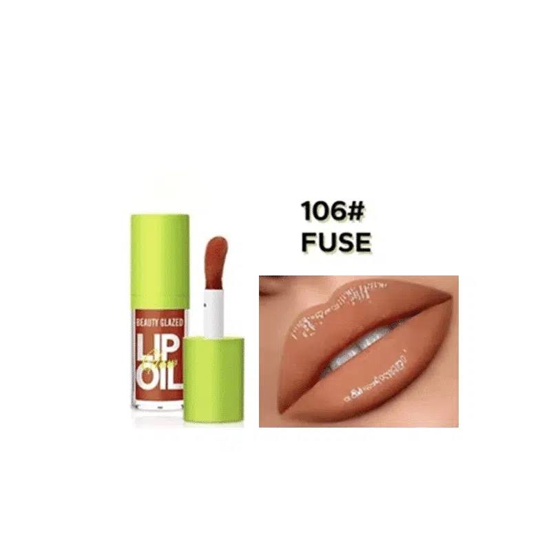 Beauty Glazed Glow Lip Oil Fuse 106, a clear tube with light peach tint, stands upright.