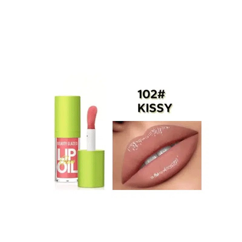 Beauty Glazed Glow Lip Oil Kissy 102, clear tube with light pink tint and gold cap.