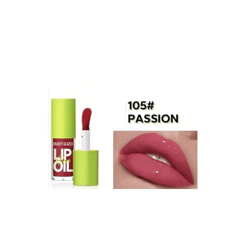 Beauty Glazed Glow Lip Oil Passion 105, clear tube with rose gold cap standing upright.
