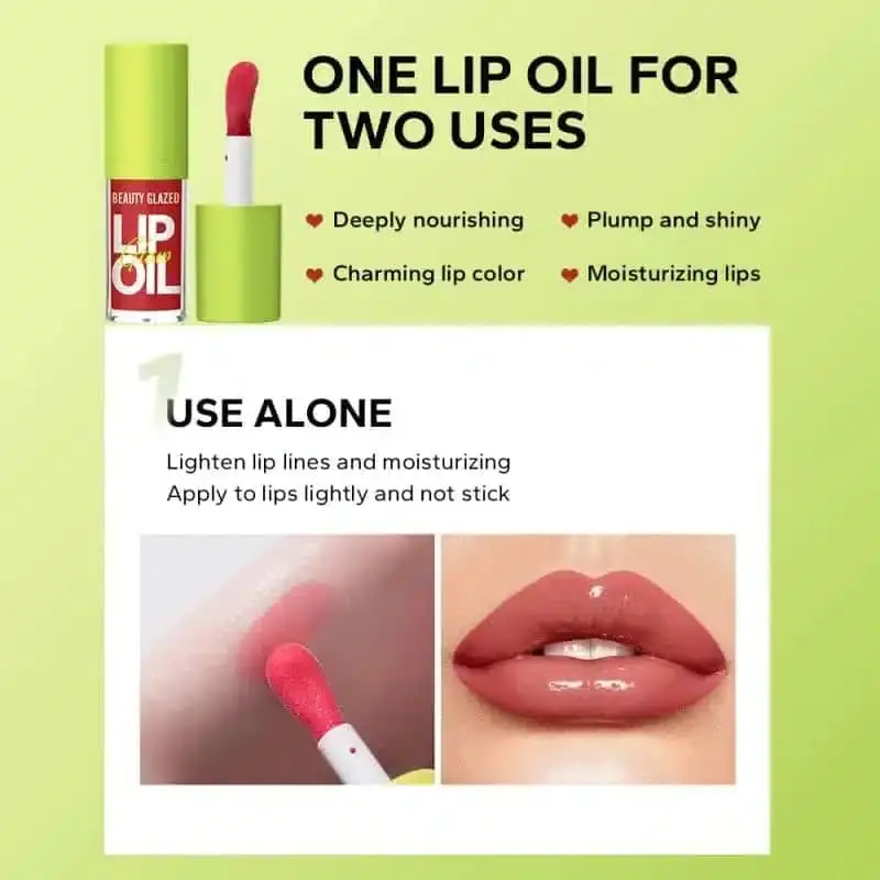 Hand applying Beauty Glazed Glow Lip Oil Passion 105 to lips for a sheer, glossy look. - thumbnail