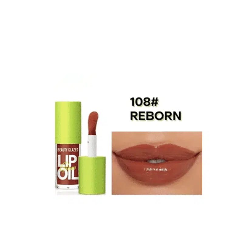 Beauty Glazed Glow Lip Oil Reborn 108, clear tube with silver cap, light peach tint.