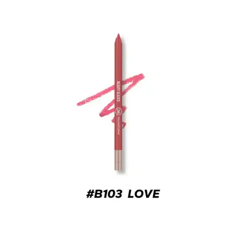 Beauty Glazed B103 Love waterproof lip liner pencil, capped, red-pink shade, on white background.