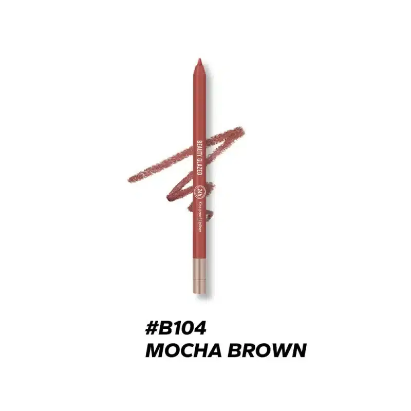 Beauty Glazed B104 Mocha Brown waterproof lip liner standing upright, cap on, showcasing brand. - thumbnail
