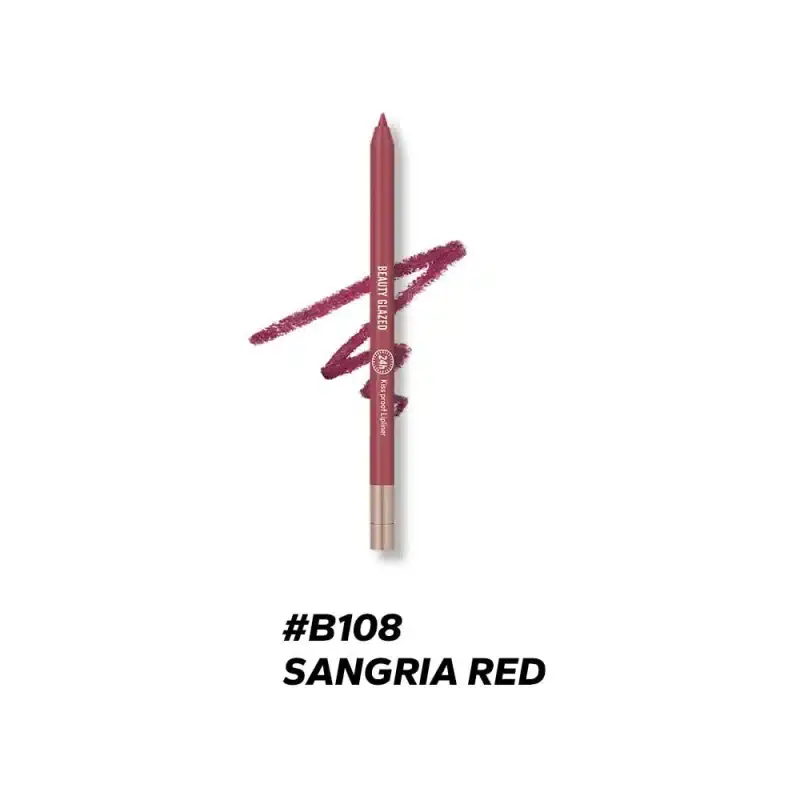 Beauty Glazed B108 Sangria Red waterproof lip liner pencil standing with cap off, showing rich color. - thumbnail
