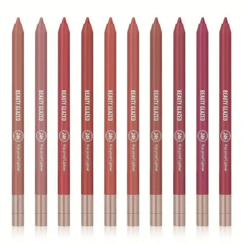Beauty Glazed waterproof lip liner pencil, dark brown, with clear cap against a white background.