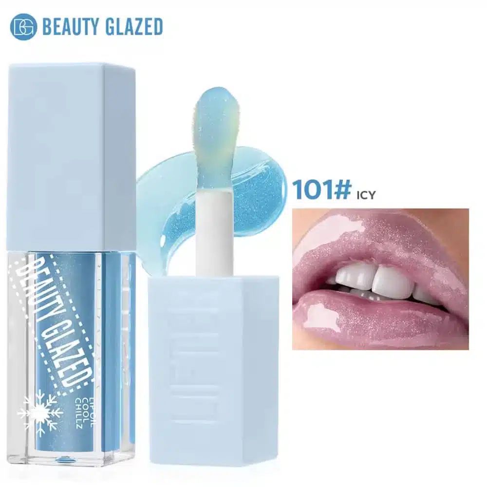 Beauty Glazed Lip Oil Cool Chillz 101 Icy, clear tube with silver cap, upright on white. - thumbnail