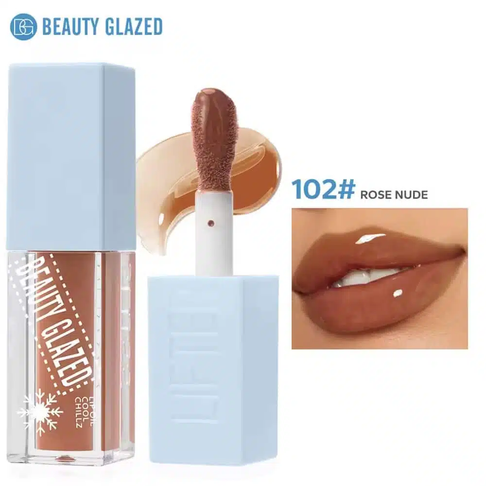Beauty Glazed Lip Oil Cool Chillz 102 Rose Nude in transparent tube, showing applicator inside. - thumbnail