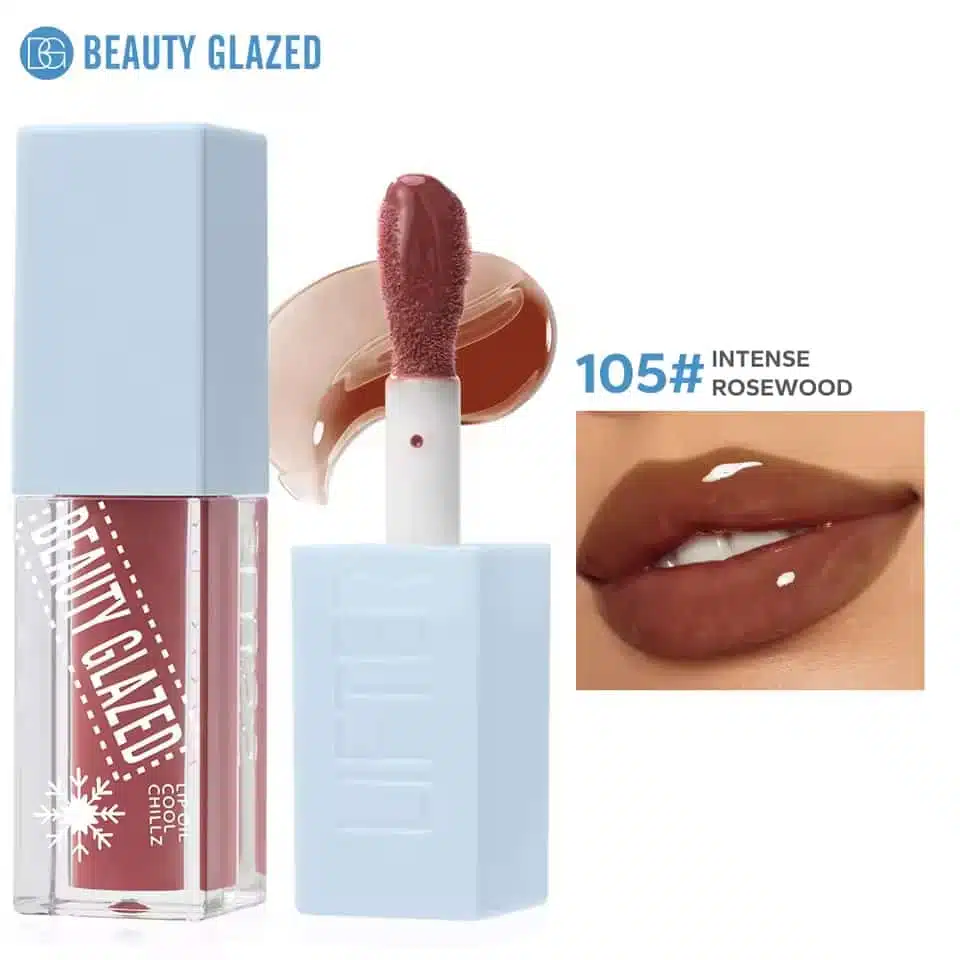 Beauty Glazed Lip Oil Cool Chillz in intense rosewood shade, clear tube with black cap. - thumbnail