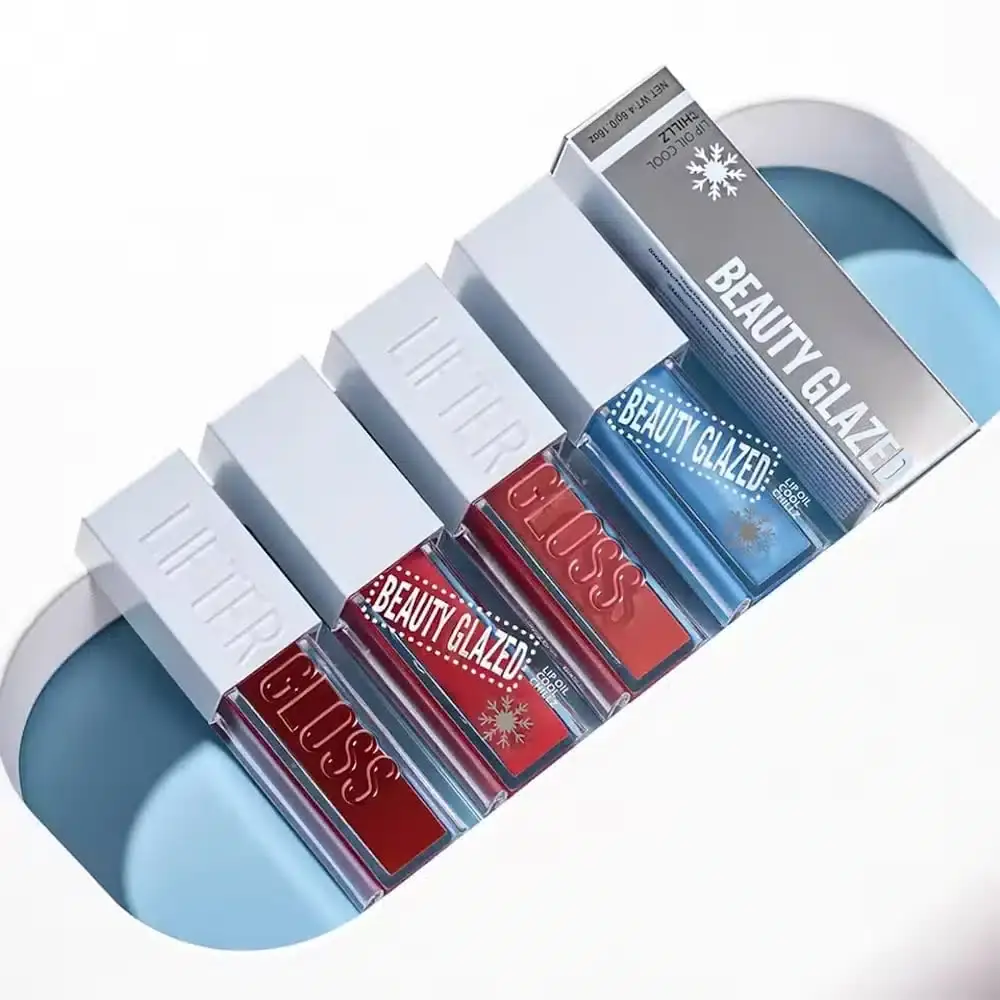 Beauty Glazed Lip Oil Cool Chillz 107 Shimmer Peach tube with its matching retail packaging box. - thumbnail