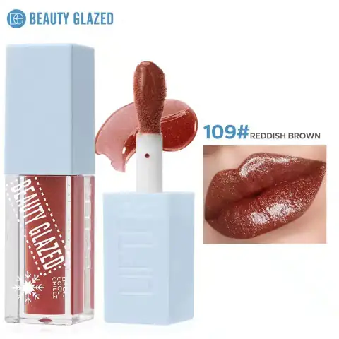 Front view of Beauty Glazed Cool Chillz 109 reddish-brown lip oil in clear tube.