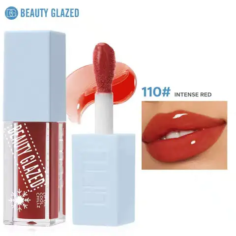 Beauty Glazed Lip Oil Cool Chillz 110 Intense Red in a clear tube with a gold cap.