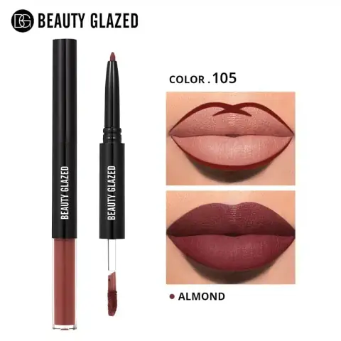 Beauty Glazed 2-in-1 matte lipstick and lipliner in Almond 105, standing upright with cap.