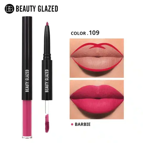 Beauty Glazed 2-in-1 matte lipstick and lipliner pen in Barbie pink, cap on, full view.