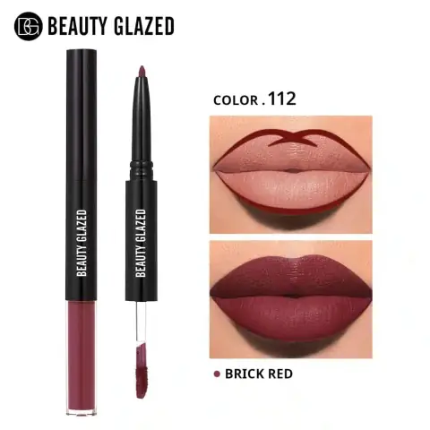 Beauty Glazed 2-in-1 matte brick red lipstick and lipliner pen, elegant black and gold packaging.