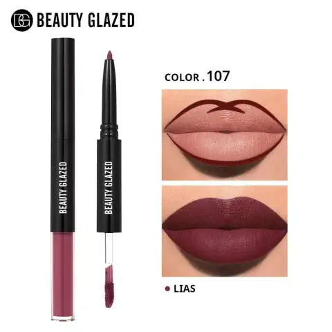 Beauty Glazed 2-in-1 matte lipstick and lipliner tube standing, showcasing the nude-brown shade "Lias 107".