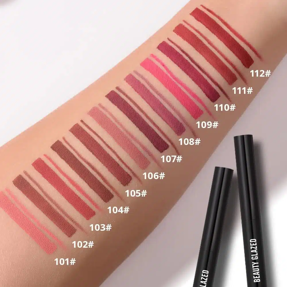 Swatches of Beauty Glazed matte lipstick and lipliner on skin, displaying the "Lias 107" shade. - thumbnail