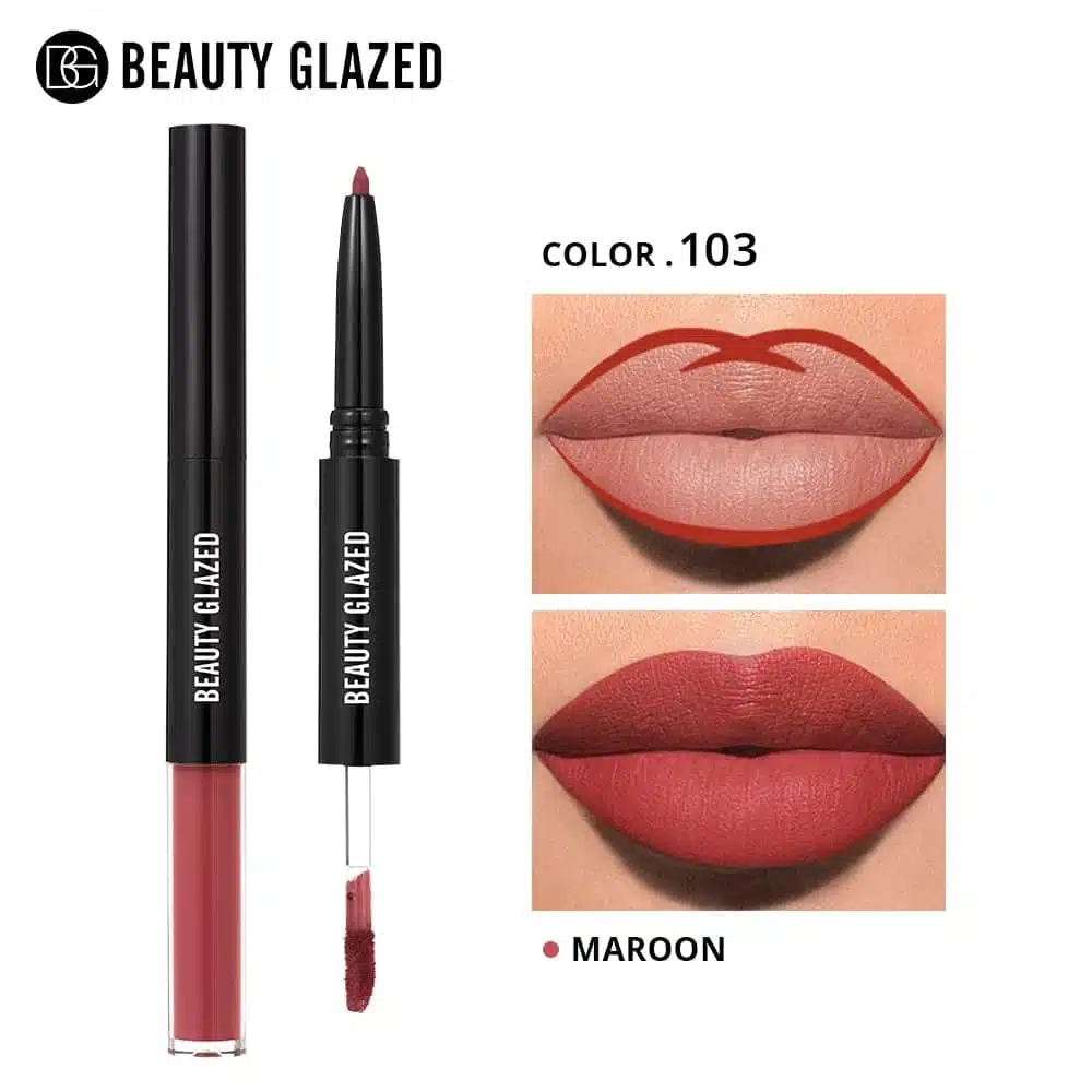 Full upright view of Beauty Glazed 2-in-1 matte maroon lipstick and lipliner with cap off. - thumbnail