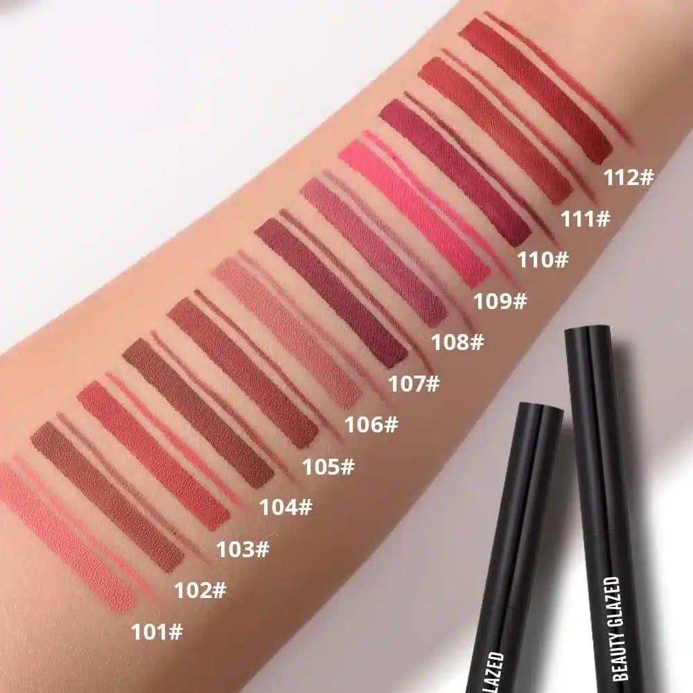 Close-up of two distinct matte maroon swatches from Beauty Glazed lipstick and lipliner. - thumbnail