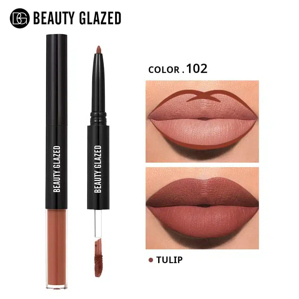 Beauty Glazed 2-in-1 matte lipstick and lipliner Tulip 102 combo standing together. - thumbnail