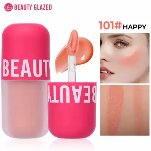 Beauty Glazed liquid blush Happy 101 in a clear tube with pink cap and applicator wand.