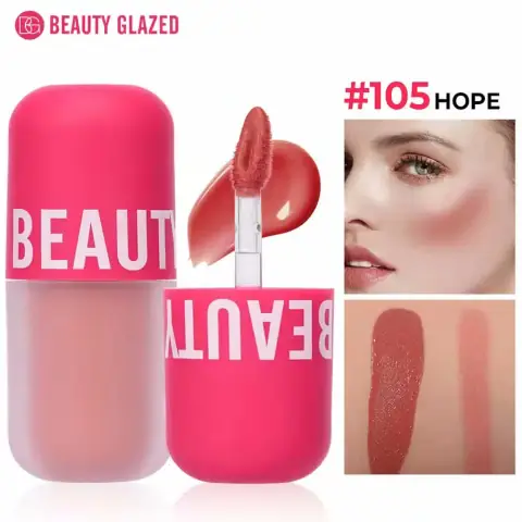 Beauty Glazed Liquid Blush Hope 105 tube and applicator, showcasing the peachy coral tint.