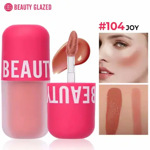 Beauty Glazed Liquid Blush Joy 104 in a clear tube with black cap, vibrant pink color.