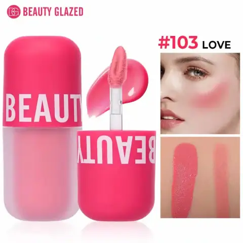 Beauty Glazed Liquid Blush Love 103 in clear tube with black cap, standing upright.