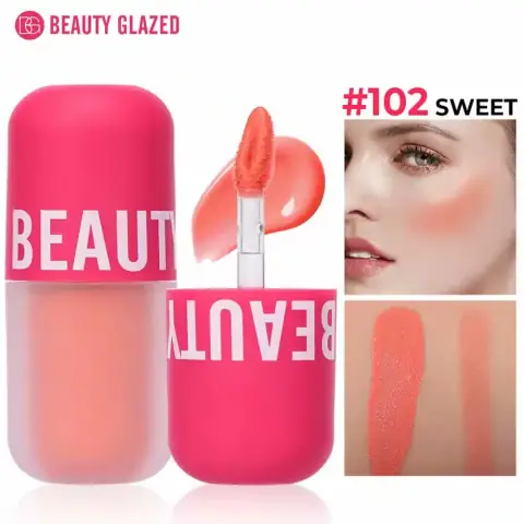 Full Beauty Glazed Liquid Blush Sweet 102 bottle with clear packaging revealing the peachy shade.
