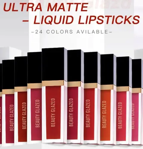 Beauty Glazed Matte Liquid Lipstick mini tube, black cap, clear body revealing a reddish-pink shade.