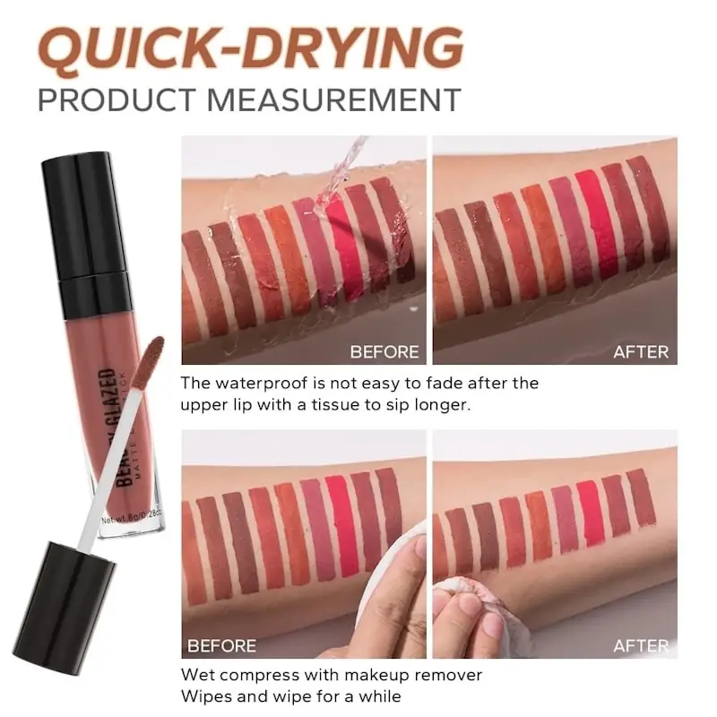 Three clear skin swatches of Beauty Glazed Vintage 119 matte lipstick, showing rich color. - thumbnail
