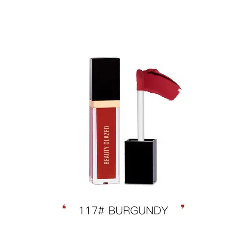 Beauty Glazed Matte Liquid Lipstick in rich burgundy shade 117, clear tube with black cap.
