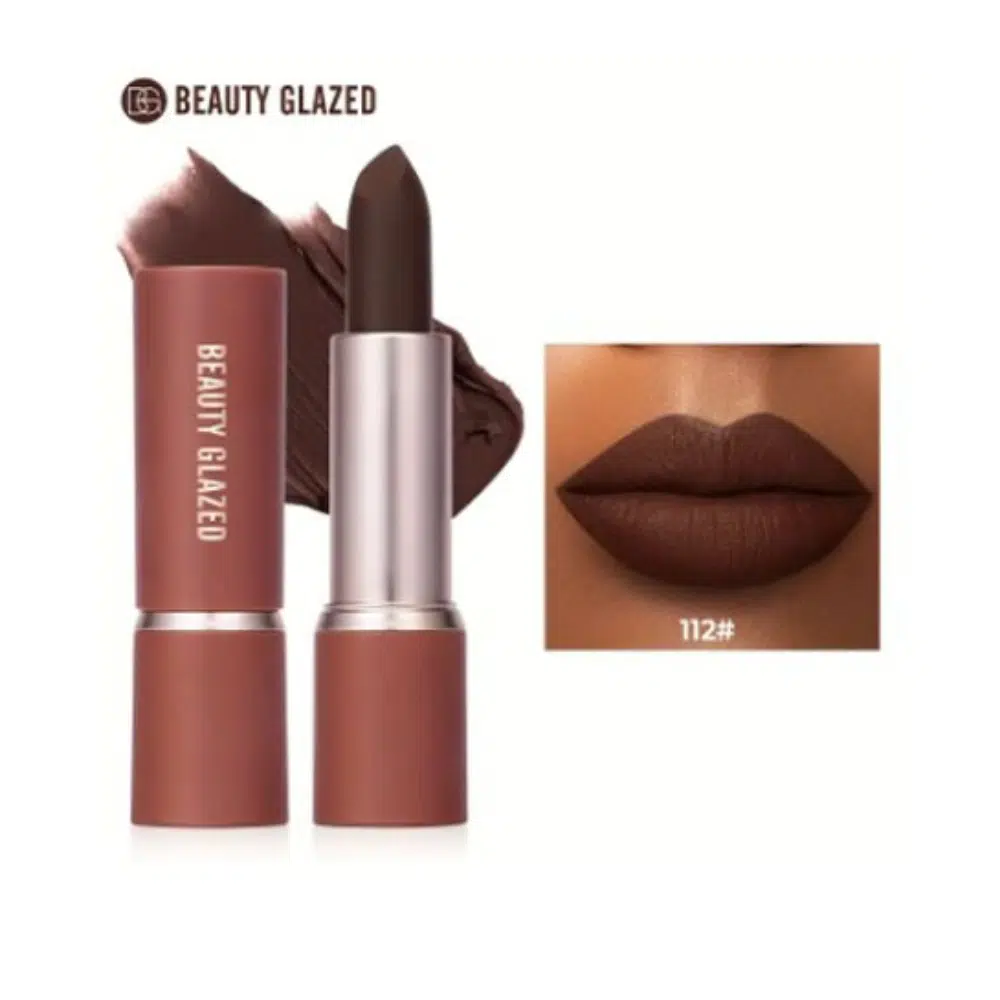 Sleek black Beauty Glazed Modern Matte Lipstick in Dark Chocolate, with gold lettering, standing upright.