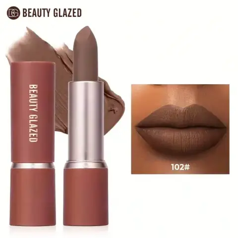 Beauty Glazed Modern Matte Lipstick 102 in sleek black and gold packaging, standing upright.