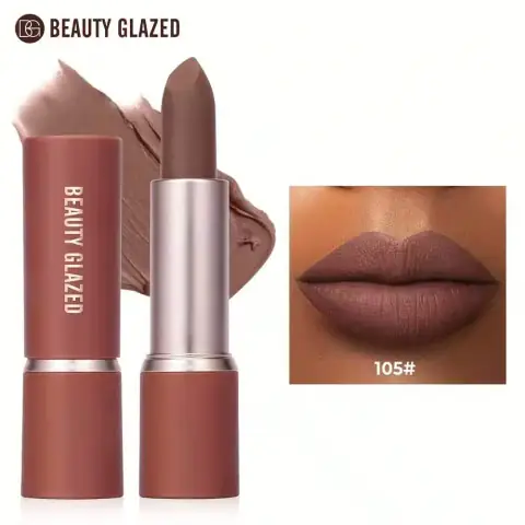 Beauty Glazed Modern Matte Lipstick 105 in sleek black tube, standing upright.