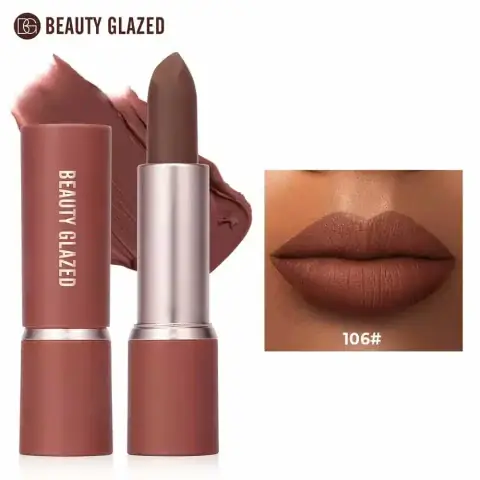 Beauty Glazed Modern Matte Long Lasting Lipstick 106, sleek black tube with transparent cap, standing upright.