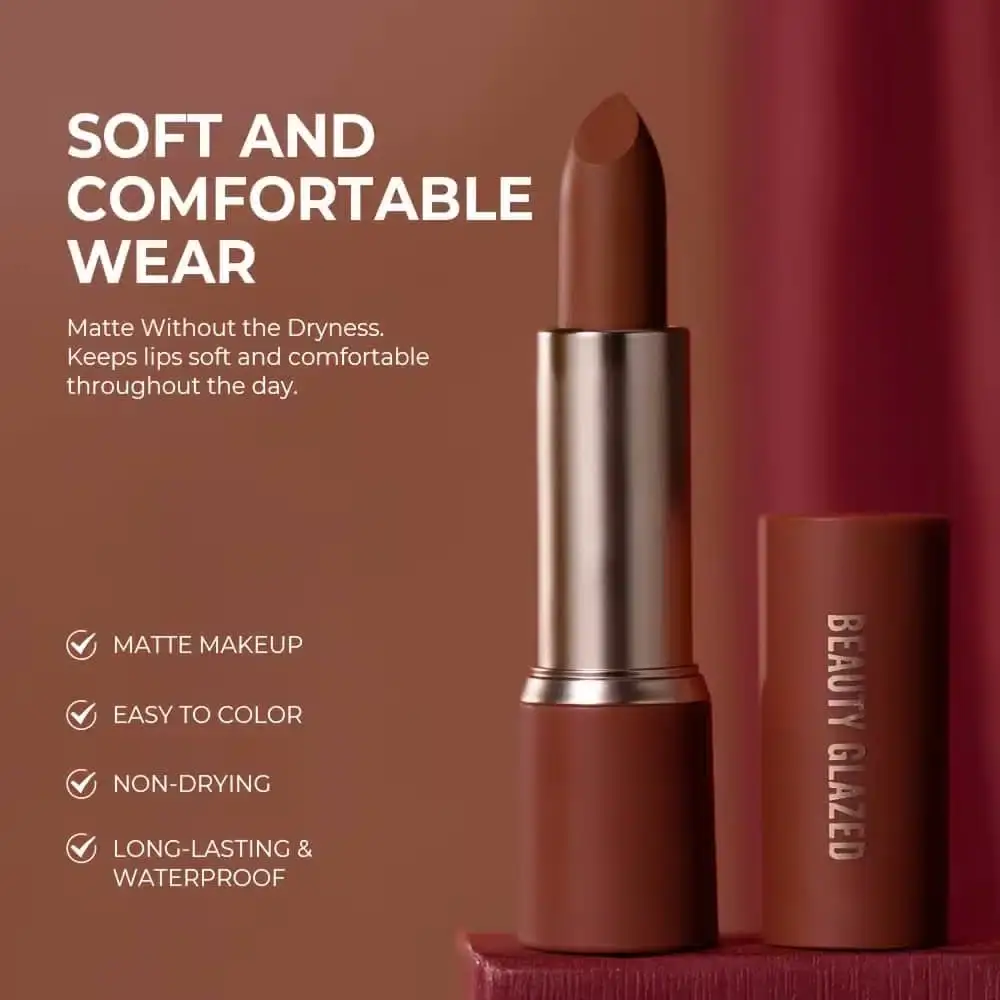 Beauty Glazed Modern Matte Lipstick 106 with reddish-brown bullet fully extended from black tube. - thumbnail