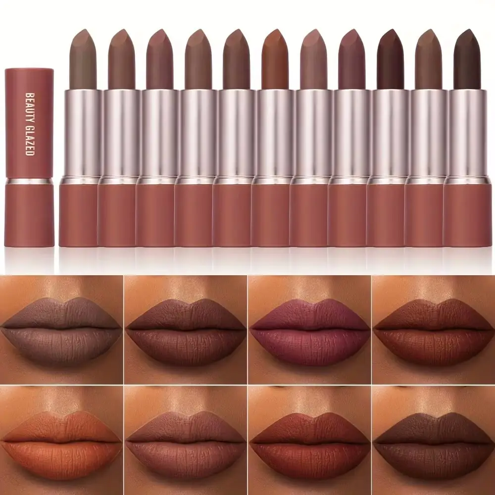 Beauty Glazed Matte Lipstick 106 tube lying beside two matte reddish-brown color swatches. - thumbnail