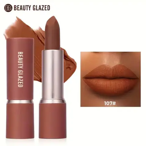 Beauty Glazed Modern Matte Lipstick 107 in elegant black tube with gold branding, cap on, front view.