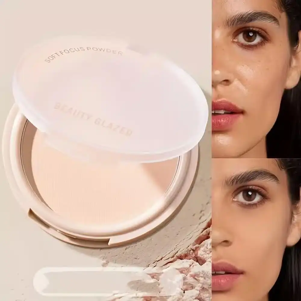 Open Beauty Glazed Soft Focus Pressed Powder 102 compact revealing light beige pan and mirror. - thumbnail