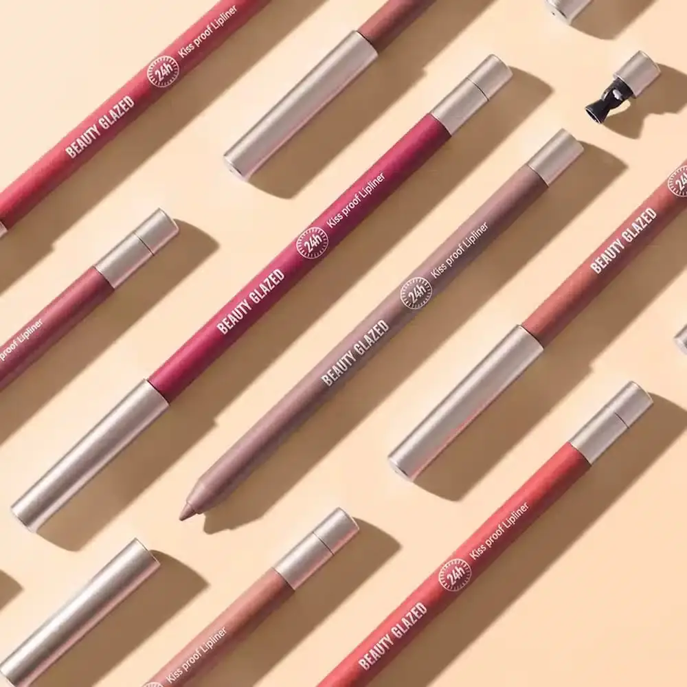 Top-down view of 18 individual Beauty Glazed waterproof lip liners, showcasing diverse shades. - thumbnail