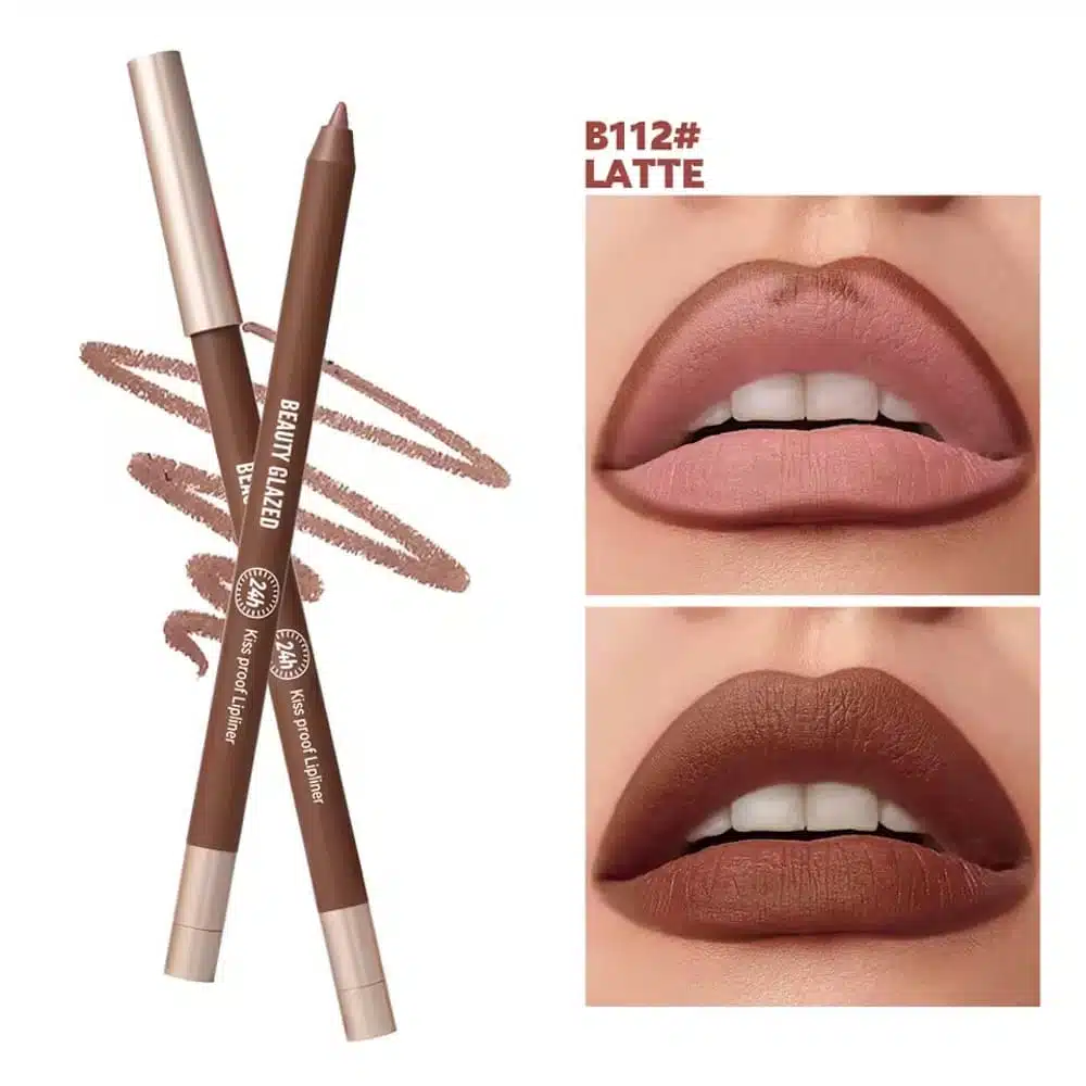 Angled Beauty Glazed B112 Latte waterproof lip liner pencil with cap on, showcasing branding. - thumbnail