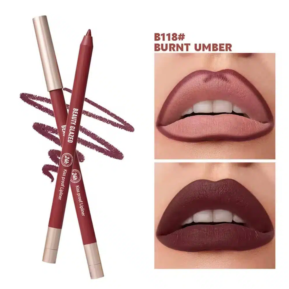 Beauty Glazed waterproof long-lasting lipliner pencil B118 Burnt Umber, standing upright with cap. - thumbnail