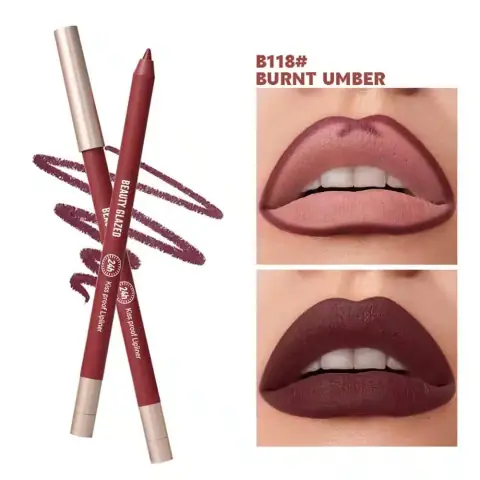 Beauty Glazed waterproof long-lasting lipliner pencil B118 Burnt Umber, standing upright with cap.